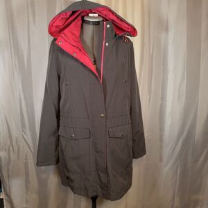 Nautica Womens Gray Water Resistant Jacket Hooded Full Zip Rain Parka Large Line